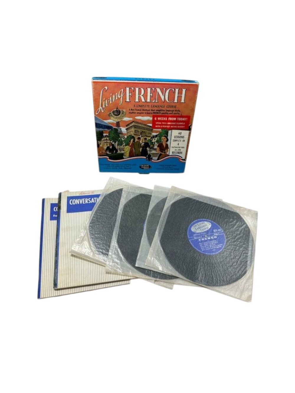 Living Language French Vinyl Record Set 40 Lessons 4 LP 33 1/3 RPM Records 1955